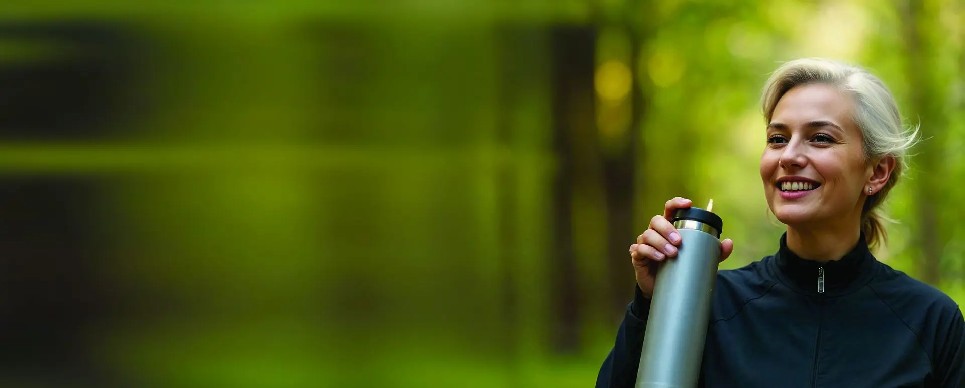 A woman with a water bottle, smiling, in a forest